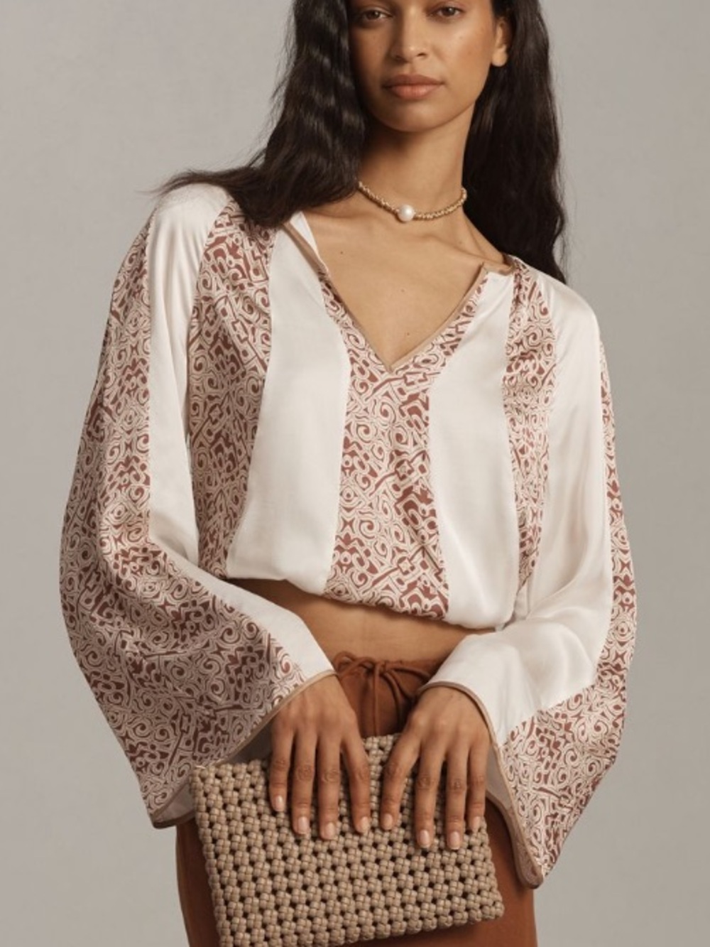 Anthropologie Silky Spliced Boho Blouse XS Brown White Bell Sleeve Crop Top
